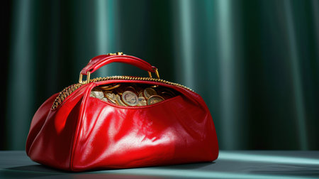 A striking red handbag filled with glimmering coins symbolizes wealth and luxury. The dramatic lighting highlights its sleek design against an elegant backdrop.の素材