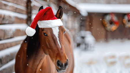 A delightful brown horse wearing a Santa hat stands in a snowy outdoor setting, adding holiday charm against a rustic backdrop with festive decorations.の素材