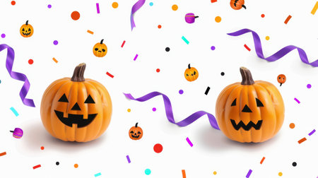 Two cheerful Halloween pumpkins with playful faces are set against a lively backdrop of colorful confetti and ribbons, perfect for seasonal celebrations.の素材