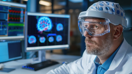 A focused scientist wearing protective gear analyzes brain activity data in a high-tech lab setting, showcasing advanced technology and innovative research methods.の素材
