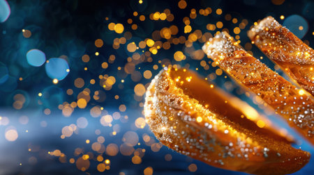 A mesmerizing close-up of golden swirls of sugar glistening against a blurred blue background filled with sparkling lights, perfect for culinary projects.の素材