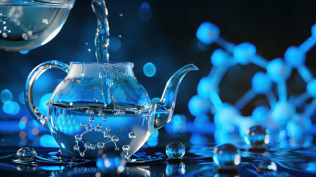 A clear glass teapot pours water into a reflective surface, surrounded by blue molecular structures and droplets, creating a striking visual of science and relaxation.の素材