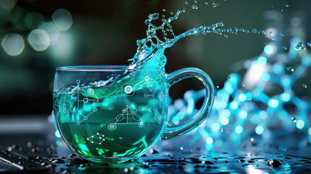 A stunning close-up shot of a transparent cup filled with a blue liquid, capturing the dynamic splash of water. The design elements add a creative touch, enhancing the refreshing feel of this artistic representation. Perfect for themes of vitality and clarity.の素材