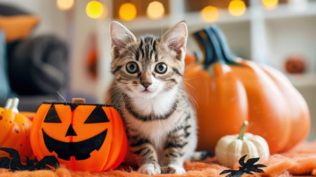 This heartwarming image features a playful striped kitten sitting amidst vibrant Halloween pumpkins, creating a cozy and festive atmosphere perfect for autumn celebrations.の素材