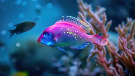 A mesmerizing tropical fish glides through a colorful reef, surrounded by vibrant coral and shimmering bubbles, showcasing the beauty of marine life.の素材