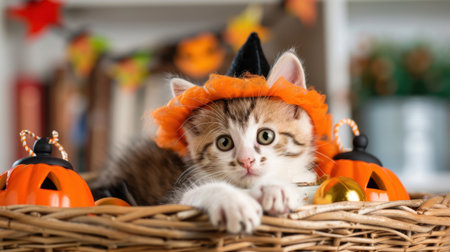 This delightful image features a playful kitten wearing a charming Halloween costume, nestled in a basket surrounded by festive decorations and pumpkins.の素材