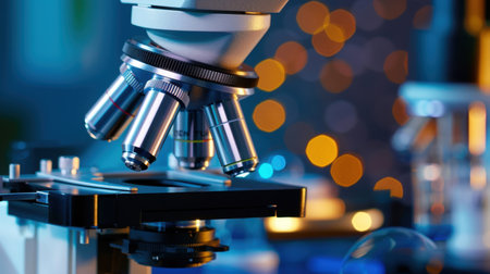 A detailed close-up of a modern laboratory microscope set against a blurred background of colorful bokeh lights, showcasing science and technology in action.の素材