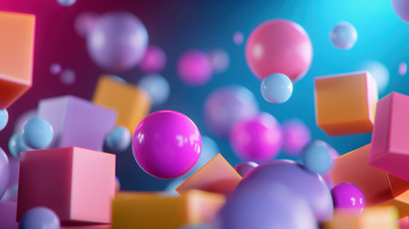 A vibrant arrangement of colorful abstract shapes featuring spheres and cubes, set against a dynamic gradient background, creating an energetic visual experience.の素材