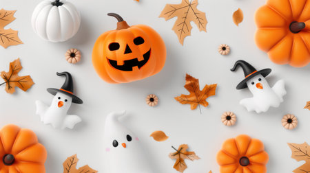 A vibrant arrangement of Halloween-themed decorations including orange pumpkins, cheerful ghosts, and falling autumn leaves, perfect for seasonal festivities.の素材