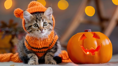 Adorable kitten wearing an orange sweater and hat poses beside a glowing jack-o'-lantern. Perfect for seasonal themes and pet lovers.の素材