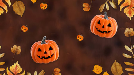 A vibrant Halloween-themed design featuring cheerful pumpkins surrounded by colorful autumn leaves on a rich wooden background, perfect for seasonal celebrations.の素材