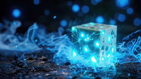 A mesmerizing glowing cube sits amidst a swirl of ethereal blue light and mystical smoke, creating a captivating atmosphere for creative projects.の素材