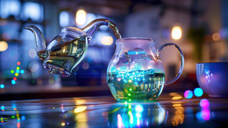 A captivating scene of a glass teapot pouring vibrant liquid into a clear jar, surrounded by soft ambient lighting in a cozy cafe, creating a warm and inviting atmosphere.の素材