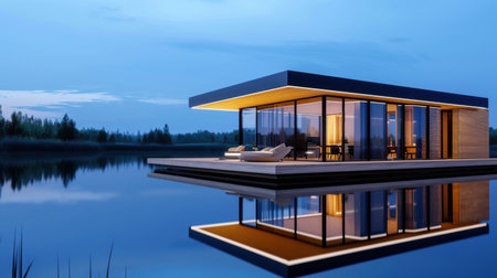 A stunning modern floating house showcasing sleek architecture and expansive glass walls, surrounded by tranquil water at dusk. This serene scene highlights peaceful living.の素材