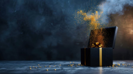 A captivating black gift box erupts with golden sparks and swirling smoke, creating a magical atmosphere perfect for celebrating special moments and events.の素材