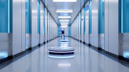 A modern corridor with sleek design showcasing advanced robots, bright lighting, and a clean environment, representing future technology and automation.の素材
