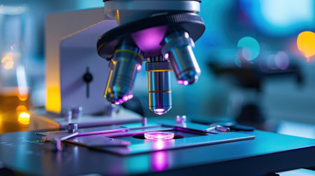 This image showcases a close-up view of a microscope lens positioned over a glass slide in a modern laboratory. Colorful lighting enhances the scientific atmosphere.の素材