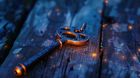 An antique key laid on a rustic wooden surface, illuminated by a warm glow and magical sparkles, evoking a sense of mystery and intrigue.の素材