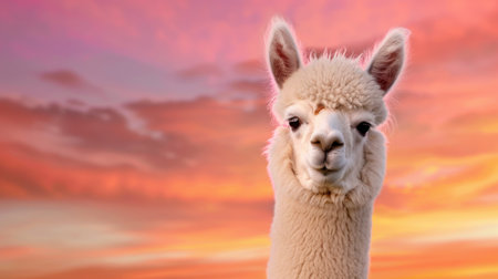 This charming portrait showcases a fluffy alpaca against a stunning sunset. The vibrant colors of the sky create a serene atmosphere, perfect for animal lovers.の素材