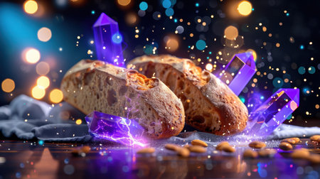 A visually stunning composition featuring rustic bread loaves surrounded by vibrant purple crystals and sparkling elements, creating a magical atmosphere.の素材