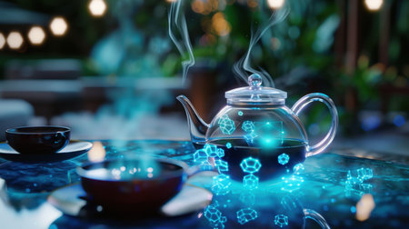 A captivating scene featuring a glass teapot emitting steam with glowing geometric shapes, set on a tranquil outdoor table, inviting relaxation and conversation.の素材