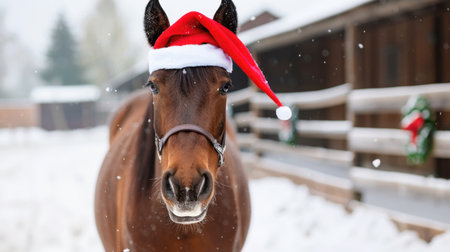 A charming brown horse wearing a Santa hat stands in a snowy field, surrounded by a rustic barn. The scene captures the festive spirit of winter holidays.の素材