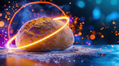 A visually stunning representation of a bread roll surrounded by a glowing orbit, enhanced with colorful bokeh effects and sparkling dust, creating a magical atmosphere.の素材