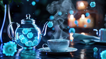 A tranquil scene featuring a blue teapot and cup emitting steam, surrounded by soft candlelight and glowing elements, creating a serene atmosphere perfect for relaxation.の素材