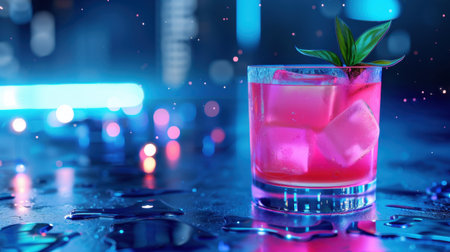 A stunning pink cocktail sits in a crystal glass adorned with ice and fresh mint, reflecting vibrant blue lights on a wet bar surface, creating an inviting atmosphere.の素材