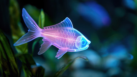 An enchanting scene featuring a neon fish swimming in a vibrant underwater environment, surrounded by lush aquatic plants and mesmerizing lighting effects.の素材