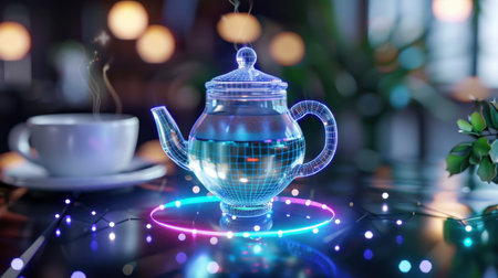 A captivating 3D rendering of a futuristic teapot design emanating neon light, surrounded by a serene cafe atmosphere, perfect for modern culinary visuals.の素材