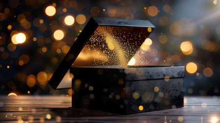 A captivating black box slightly open, releasing a shower of sparkles and light in a dark ambiance, creating a magical atmosphere that evokes wonder.の素材