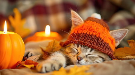 A charming close-up image of a sleepy kitten wearing a cozy knitted hat. The scene features autumn leaves and glowing candles, creating a warm, inviting fall atmosphere.の素材
