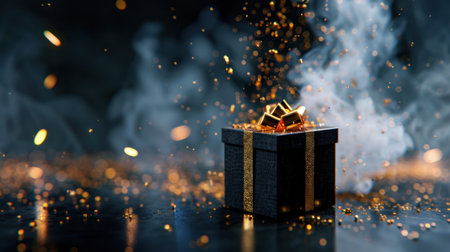 A captivating image of a shimmering gift box with golden sparkles and mystical smoke, creating an enchanting atmosphere perfect for celebration.の素材