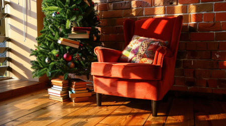 A charming reading nook featuring a vibrant red chair beside a beautifully decorated Christmas tree. Sunlight streams through windows, creating warm shadow patterns on the polished wooden floor. Perfect for cozy winter moments.の素材