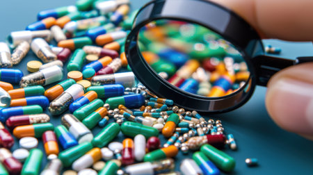 A close-up view of various colorful pills and capsules scattered on a blue surface, examined through a magnifying glass, emphasizing details in medication.の素材