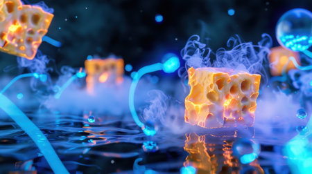 This vibrant digital artwork showcases glowing cheese cubes floating in a dreamy underwater setting, enhanced by mesmerizing smoke and blue bubbles.の素材