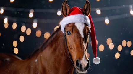 A charming horse adorned with a Santa hat stands against a beautifully lit backdrop of Christmas lights, capturing the essence of the holiday spirit.の素材