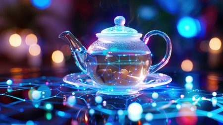 A glowing teapot filled with steaming tea sits elegantly on a modern table. The background displays colorful abstract lights, creating a serene atmosphere.の素材
