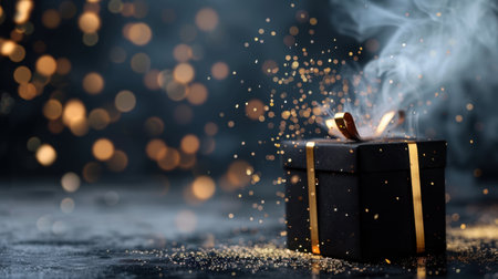 A stunning image of a black gift box adorned with a gold ribbon, emitting smoke and surrounded by shimmering glitter against a dark backdrop, evoking celebration and mystery.の素材