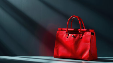 A stunning red handbag is elegantly placed on a minimalist surface, illuminated by dramatic shadows, highlighting its luxurious design and texture.の素材