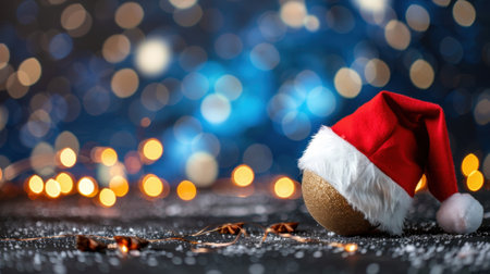 A beautiful golden Christmas ornament adorned with a fluffy Santa hat rests on a table, surrounded by a mesmerizing blurry bokeh background and sparkling lights.の素材