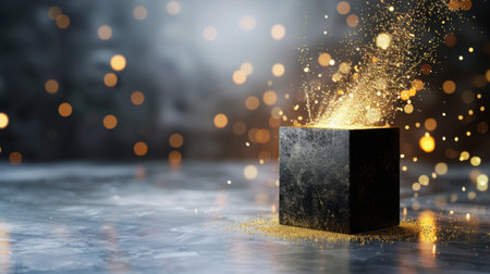 A mystical black box emits golden sparks in a dark background, creating a captivating atmosphere ideal for creative projects, illustrations, and stories.の素材