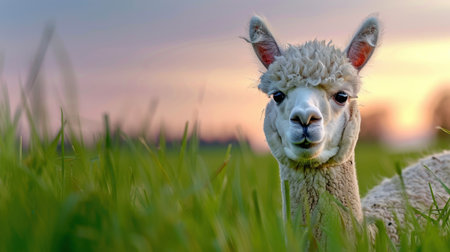 A curious alpaca gazes directly at the camera as the sun sets behind it, creating a warm and tranquil atmosphere in a lush green field.の素材
