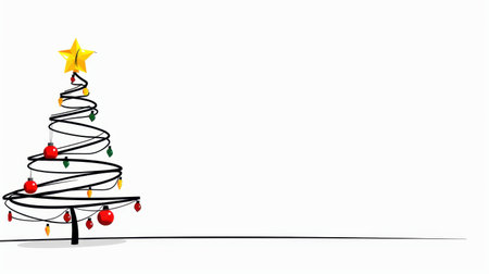 This minimalist Christmas tree design features a winding black outline adorned with colorful ornaments and a bright star on a white background, perfect for modern holiday themes.の素材