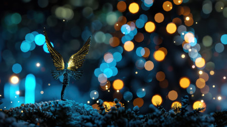 A stunning winter landscape showcases a radiant angel figure with delicate wings amidst vibrant bokeh lights, creating a magical and festive atmosphere.の素材