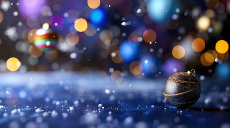 A stunning holiday scene featuring colorful Christmas ornaments amidst a flurry of snowflakes and vibrant bokeh lights, evoking a festive atmosphere.の素材