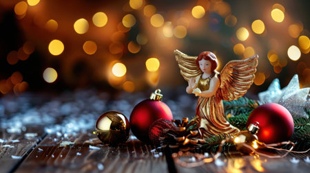 A beautifully detailed Christmas angel figurine stands gracefully among shimmering ornaments and natural decor, creating a warm festive ambiance.の素材