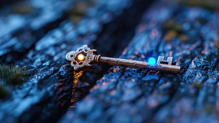 An enchanting vintage key lies on a textured wooden surface, illuminated by soft glowing elements, creating an atmosphere of mystery and charm.の素材