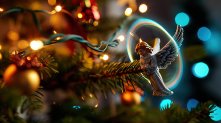 A beautifully detailed angel decoration graces a Christmas tree, illuminated by twinkling lights and vibrant ornaments, evoking warm holiday cheer.の素材